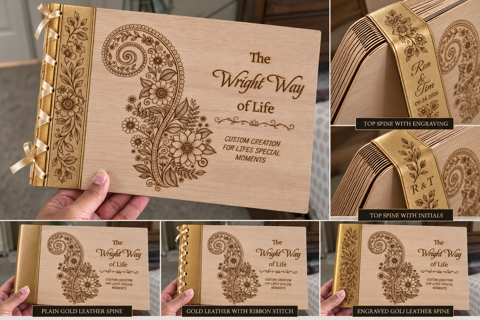 Custom Engraved Wooden Keepsake Book — Gold leather spine